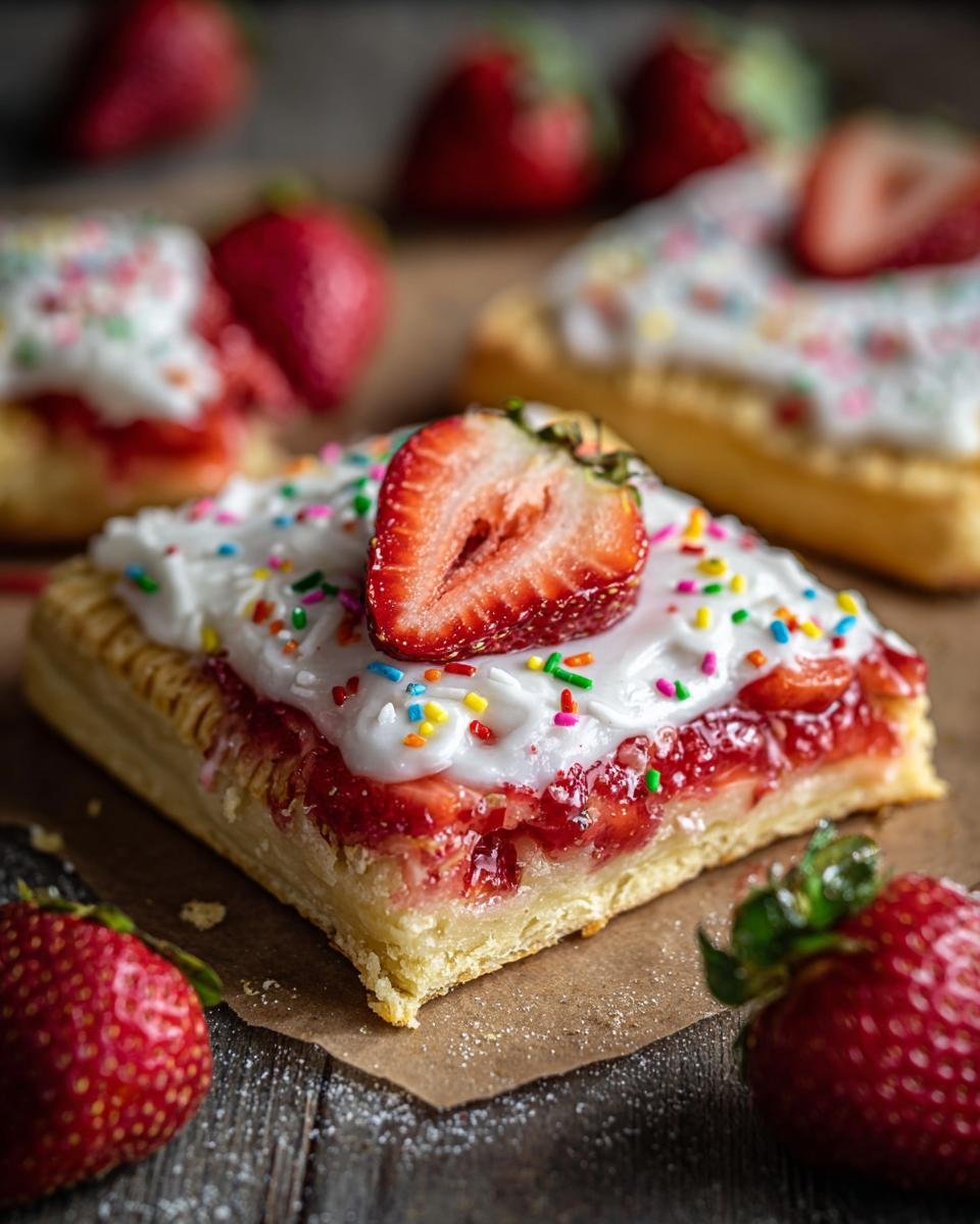 Close-up of a homemade vegan strawberry pop tart, topped with white icing, colorful sprinkles, and a fresh strawberry slice.