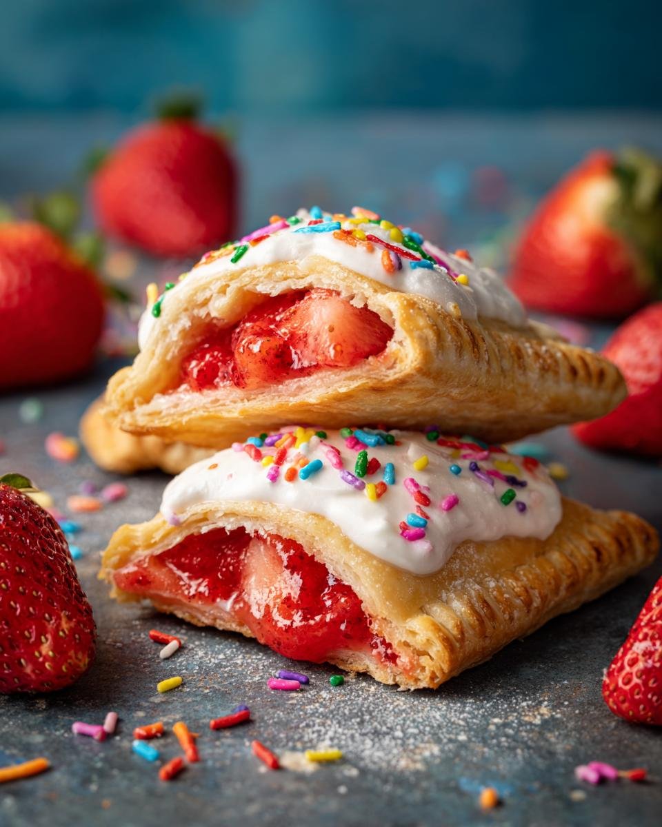 Two halves of Homemade Vegan Strawberry Pop Tarts, showing the flaky pastry, strawberry filling, and white frosting with colorful sprinkles.