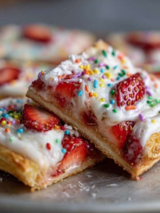 Close-up of two Homemade Vegan Strawberry Pop Tarts, topped with white icing, fresh strawberries, and colorful sprinkles.