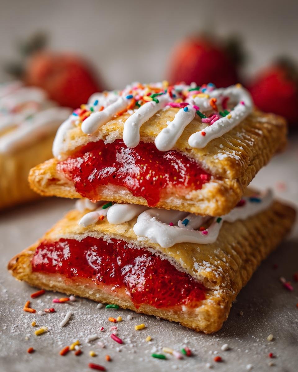 Close-up of two Homemade Vegan Strawberry Pop Tarts stacked, filled with strawberry jam and topped with icing and colorful sprinkles.