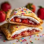 Two homemade vegan strawberry pop tarts stacked, filled with strawberry filling and topped with white icing and colorful sprinkles.