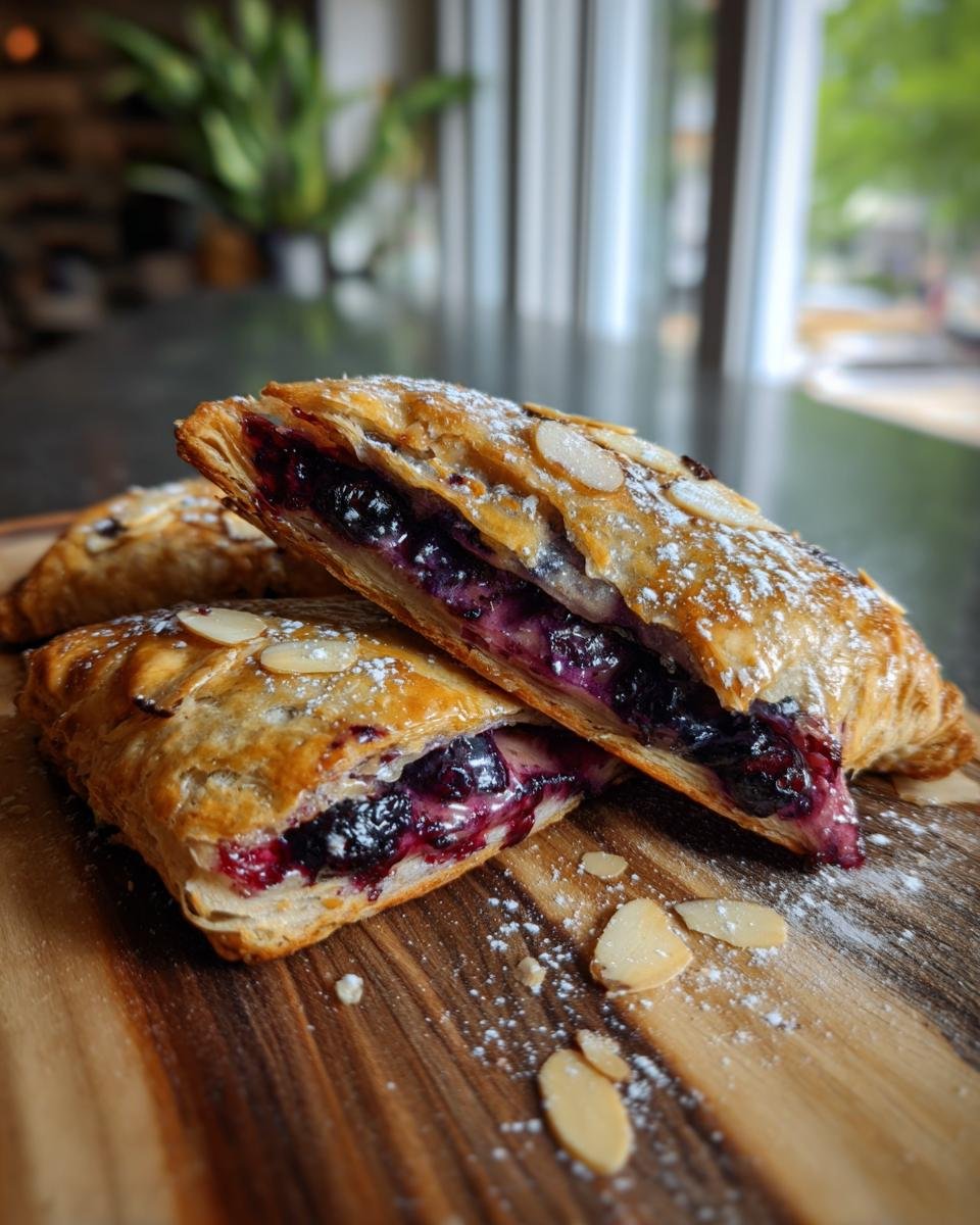 Close-up of Homemade Wild Blueberry Almond Pop Tarts, cut in half to reveal a rich blueberry filling and flaky pastry.