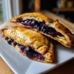 Close-up of two Homemade Wild Blueberry Almond Pop Tarts, one cut in half to show the juicy blueberry filling.