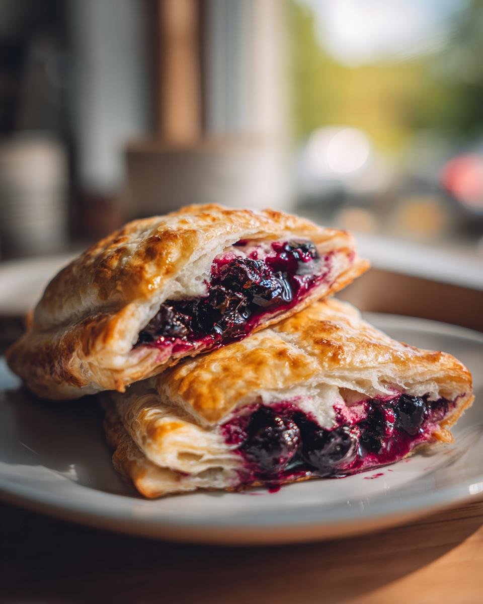 Close-up of two Homemade Wild Blueberry Almond Pop Tarts, one cut in half to reveal the juicy blueberry filling.