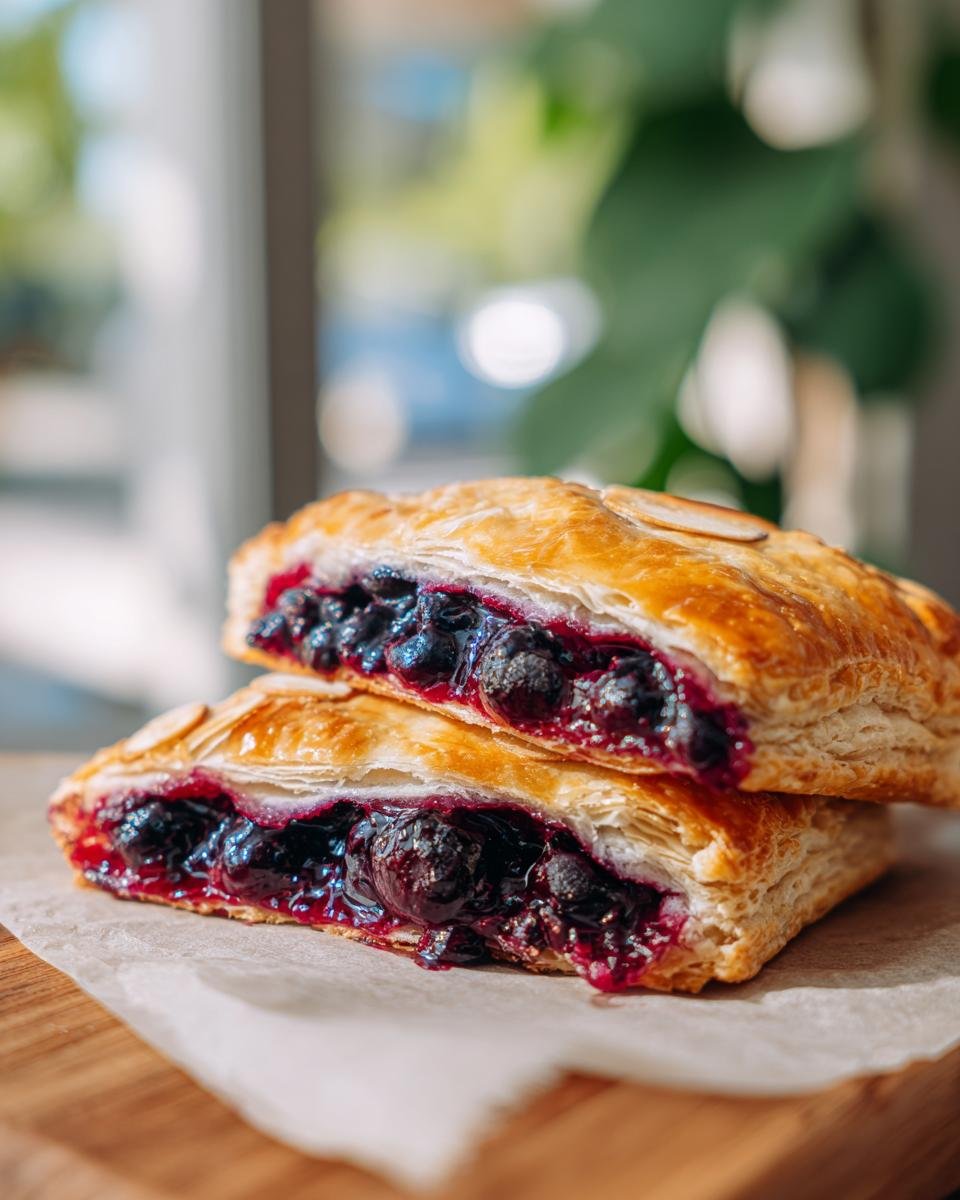 Close-up of two halves of Homemade Wild Blueberry Almond Pop Tarts, revealing a generous filling of blueberries and flaky pastry.