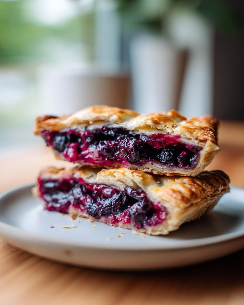 Two halves of Homemade Wild Blueberry Almond Pop Tarts stacked on a plate, showcasing flaky pastry and juicy blueberry filling.