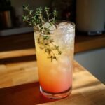 A tall glass of Honey Grapefruit Pineapple Thyme Mocktail garnished with fresh thyme sprigs.
