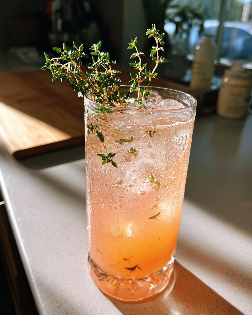 A tall, chilled glass filled with a pinkish-orange Honey Grapefruit Pineapple Thyme Mocktail, garnished with fresh thyme sprigs.