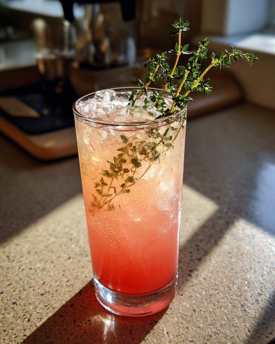 A tall glass filled with a pink, bubbly Honey Grapefruit Pineapple Thyme Mocktail, garnished with fresh thyme sprigs.