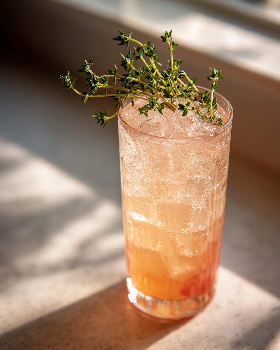 A tall glass filled with ice and a pinkish-orange Honey Grapefruit Pineapple Thyme Mocktail, garnished with fresh thyme sprigs.