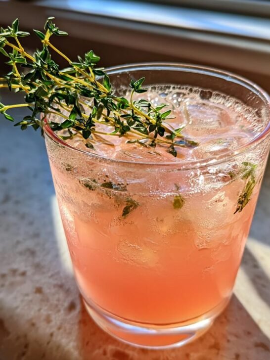 A glass of pink Honey Grapefruit Pineapple Thyme Mocktail garnished with fresh thyme sprigs.