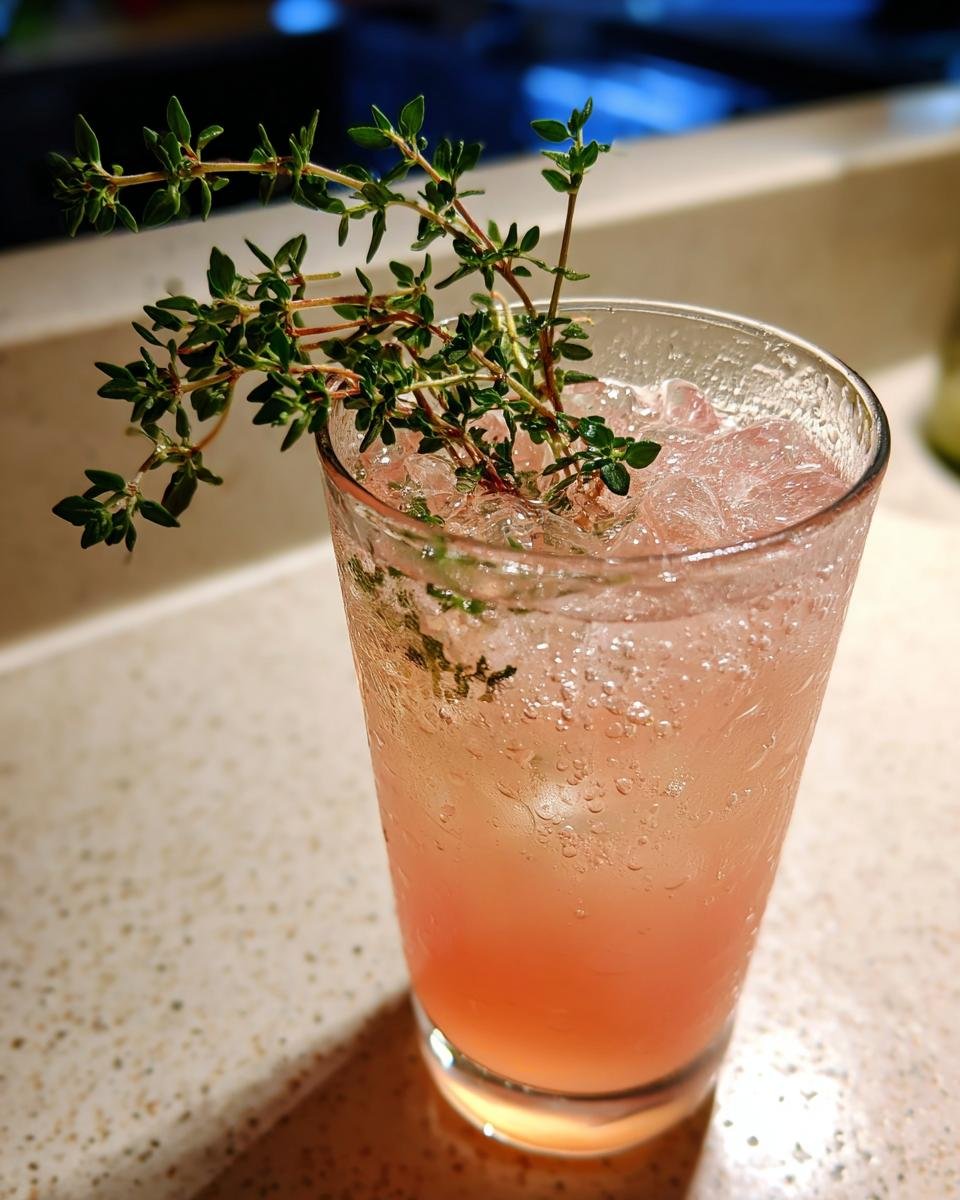 Close-up of a tall glass filled with a pink Honey Grapefruit Pineapple Thyme Mocktail, garnished with fresh thyme sprigs.