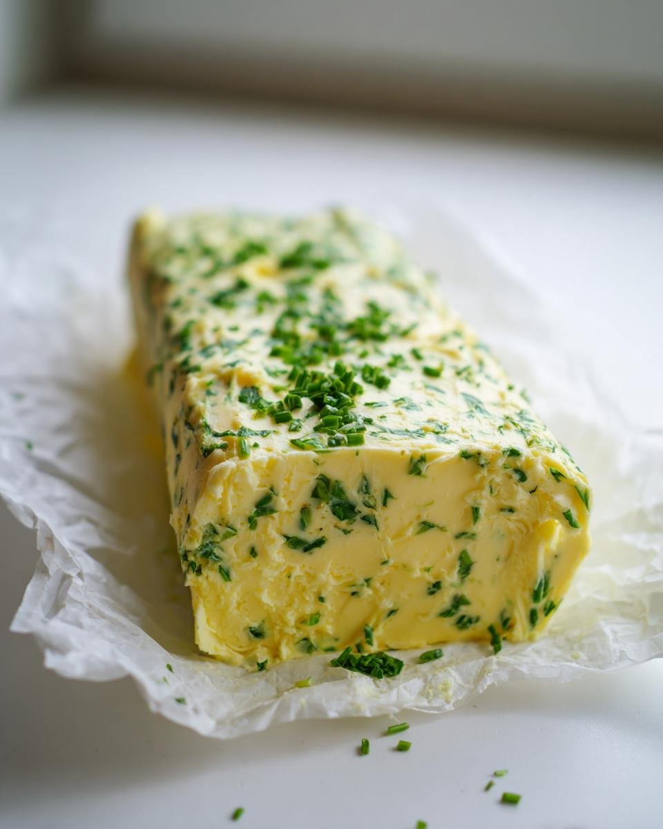 A log of freshly made garlic herb butter mixed with chopped green herbs, resting on parchment paper.