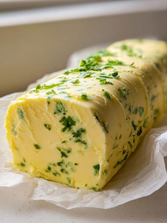 A log of freshly made garlic herb butter, studded with green herbs, resting on white parchment paper.