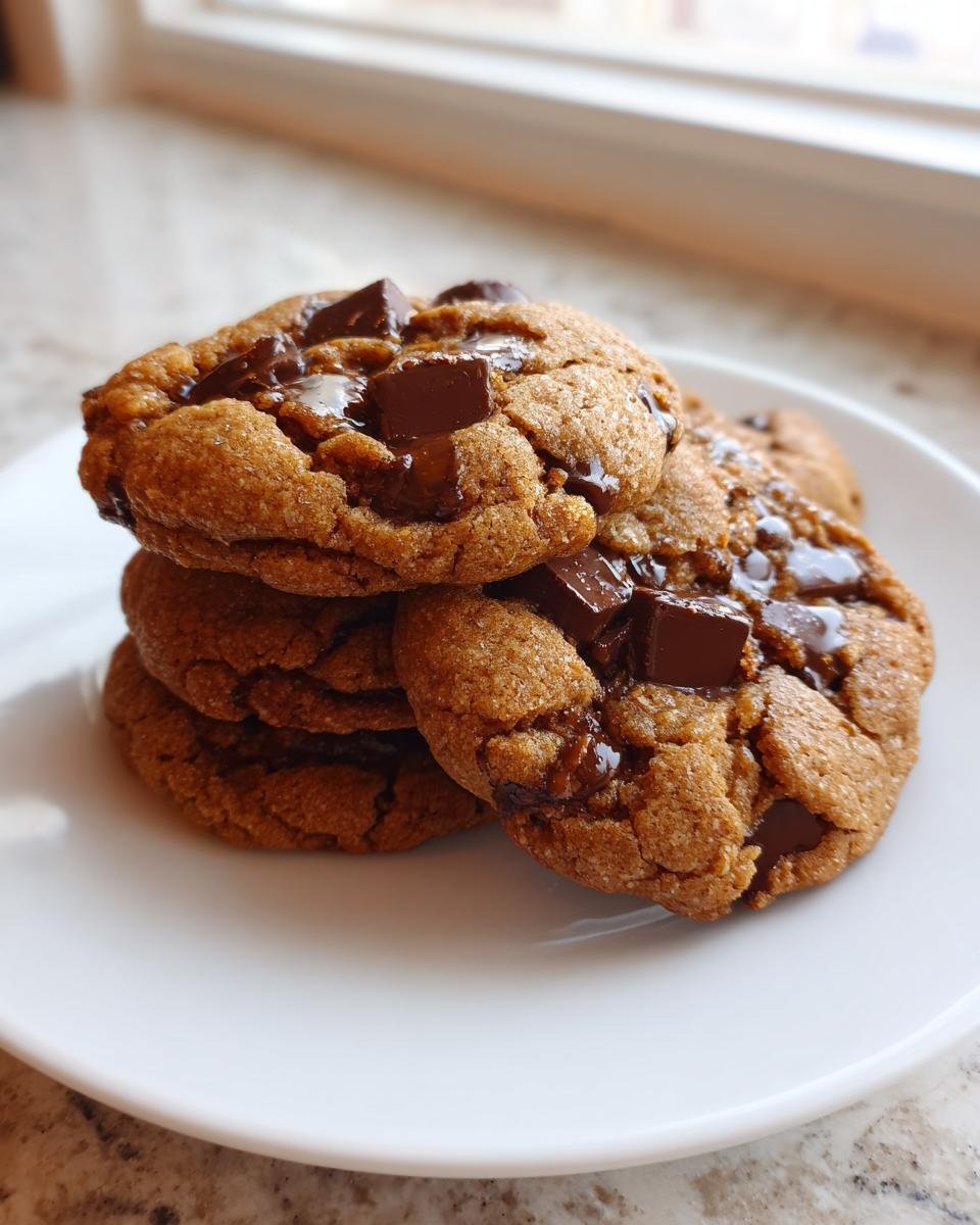 A stack of three gooey Hubbys Maple Chocolate Chip Cookies topped with melted dark chocolate chunks.