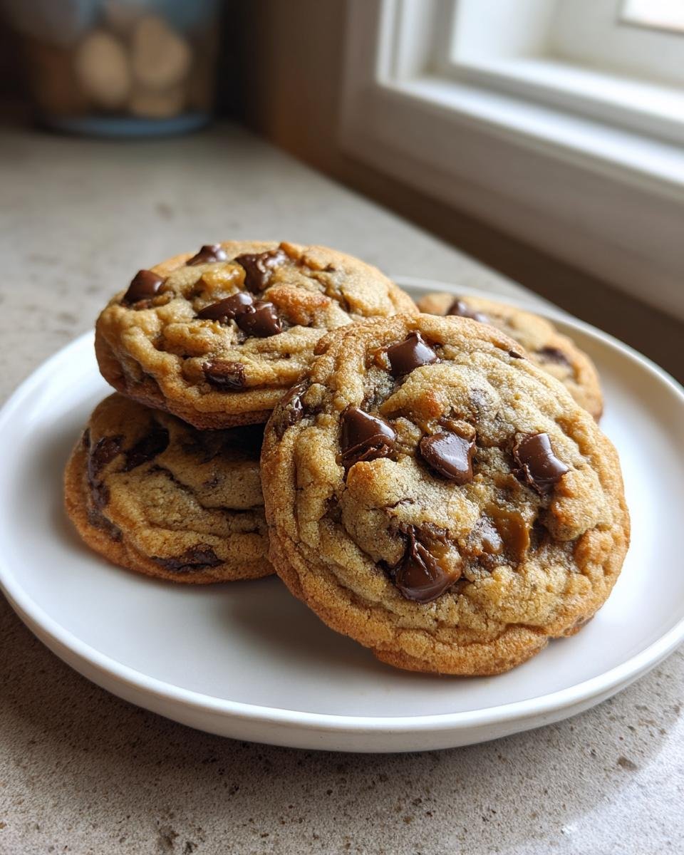A stack of four gooey Hubbys Maple Chocolate Chip Cookies with melted chocolate chips on a white plate.