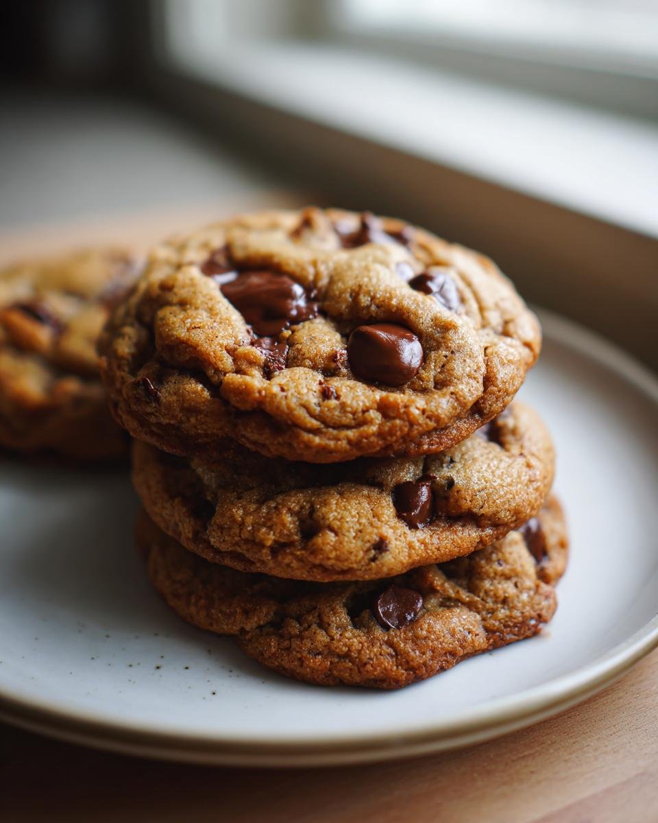 A stack of three chewy Hubbys Maple Chocolate Chip Cookies loaded with melted chocolate chips on a light plate.