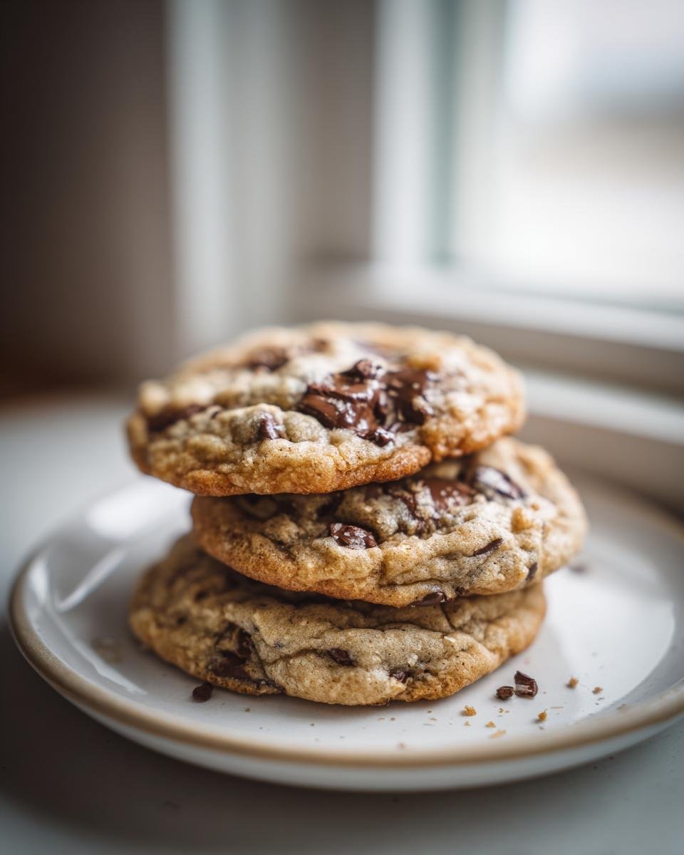 A stack of three freshly baked Hubbys Maple Chocolate Chip Cookies with melted chocolate chips.