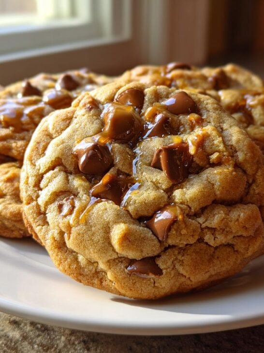 A stack of freshly baked Hubbys Maple Chocolate Chip Cookies drizzled with maple glaze and topped with melted chocolate chips.
