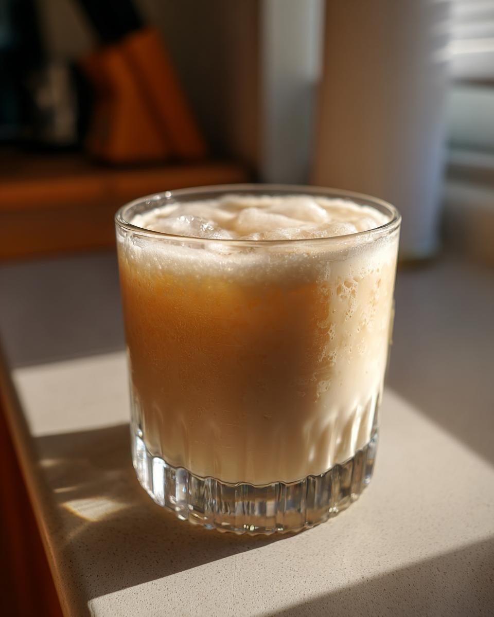 A creamy, light brown Jamaican Rum Cream Alcohol Free drink served over ice in a textured glass.