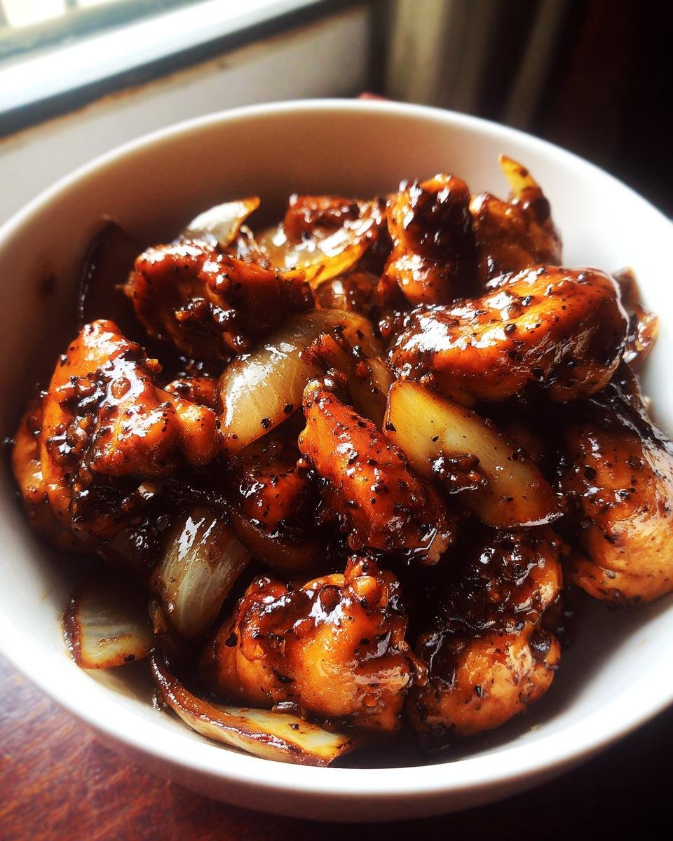 Close-up of Irresistible Black Pepper Chicken with onions in a glossy sauce, seasoned generously with black pepper.