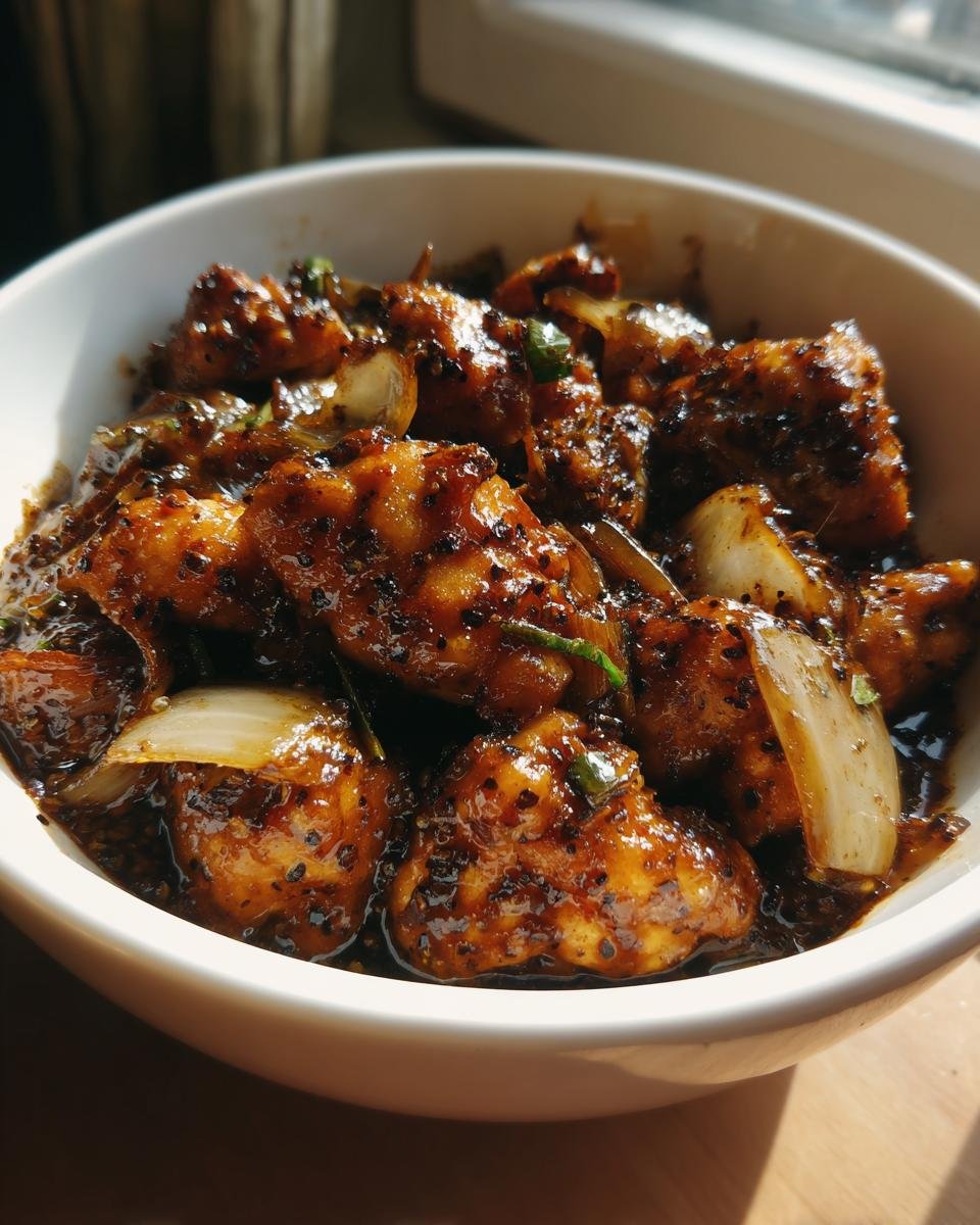 Close-up of Irresistible Black Pepper Chicken in a white bowl, coated in a glossy, dark sauce with visible black pepper and onion chunks.