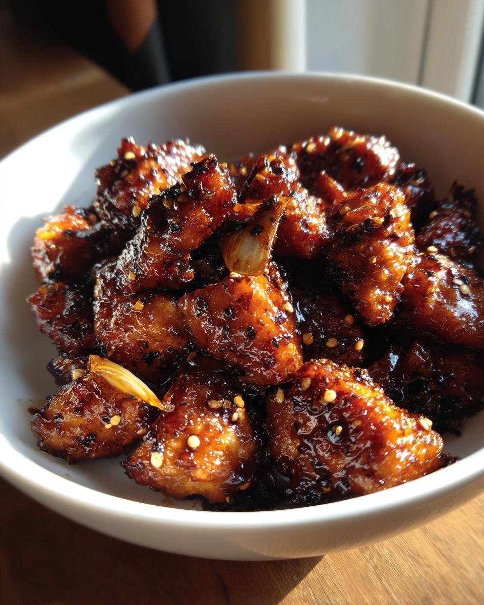 Close-up of Irresistible Black Pepper Chicken coated in a glossy sauce with sesame seeds and garlic.