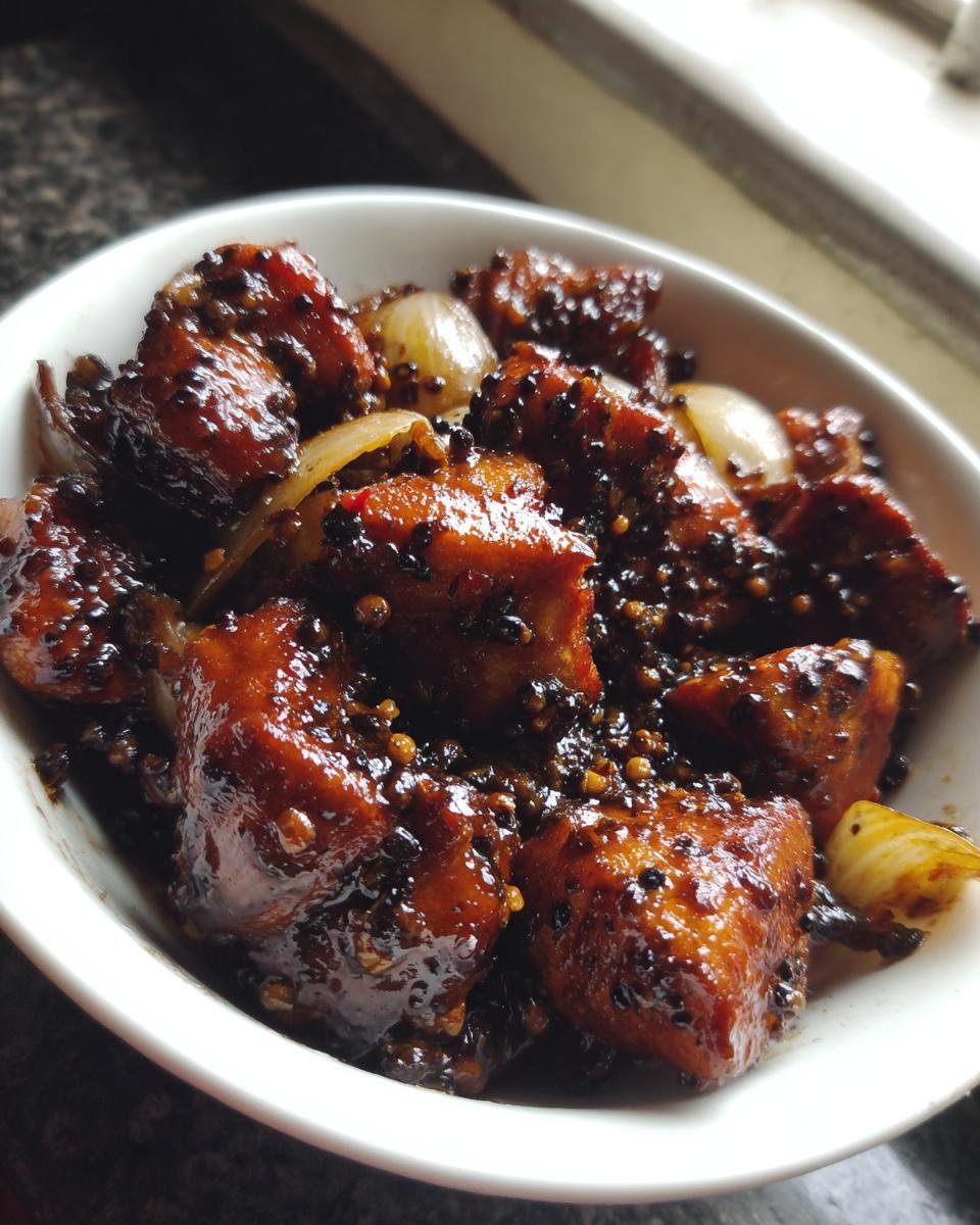 Close-up of Irresistible Black Pepper Chicken pieces coated in a glossy black pepper sauce with onions.