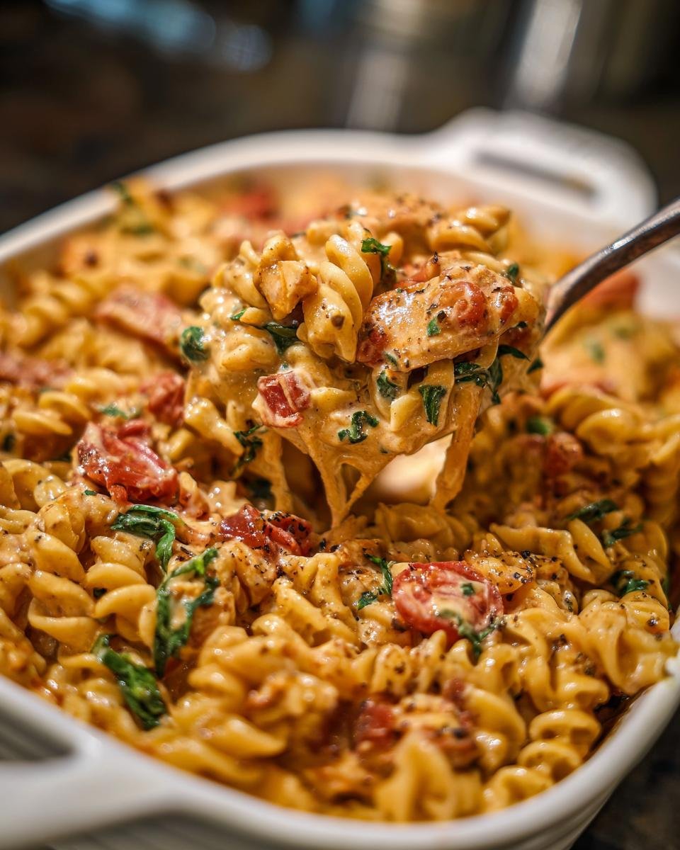 A spoonful of Irresistible Cajun Cream Cheese Chicken Pasta Bake, showing rotini pasta coated in creamy sauce with chicken and tomatoes.