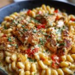 Close-up of Irresistible Cajun Cream Cheese Chicken Pasta Bake with spiral pasta, chicken pieces, melted cheese, and red peppers.