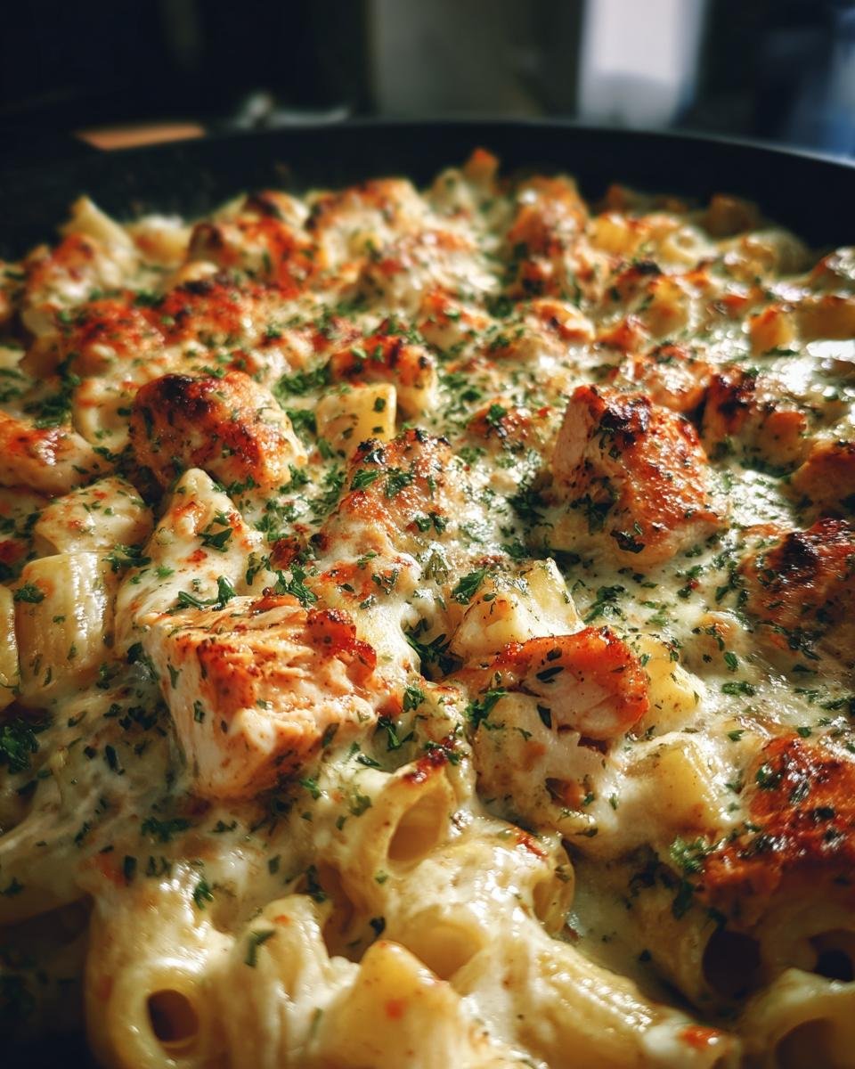 Close-up of Irresistible Cajun Cream Cheese Chicken Pasta Bake, featuring pasta, chicken, and melted cheese.