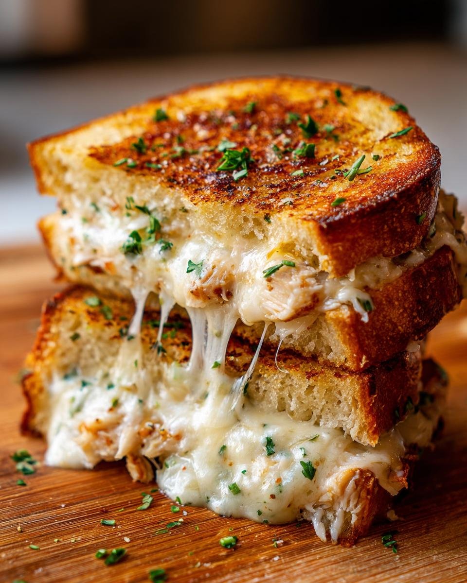 A tall stack of Irresistible Cheesy Chicken Garlic Bread Sandwiches with melted cheese dripping down.