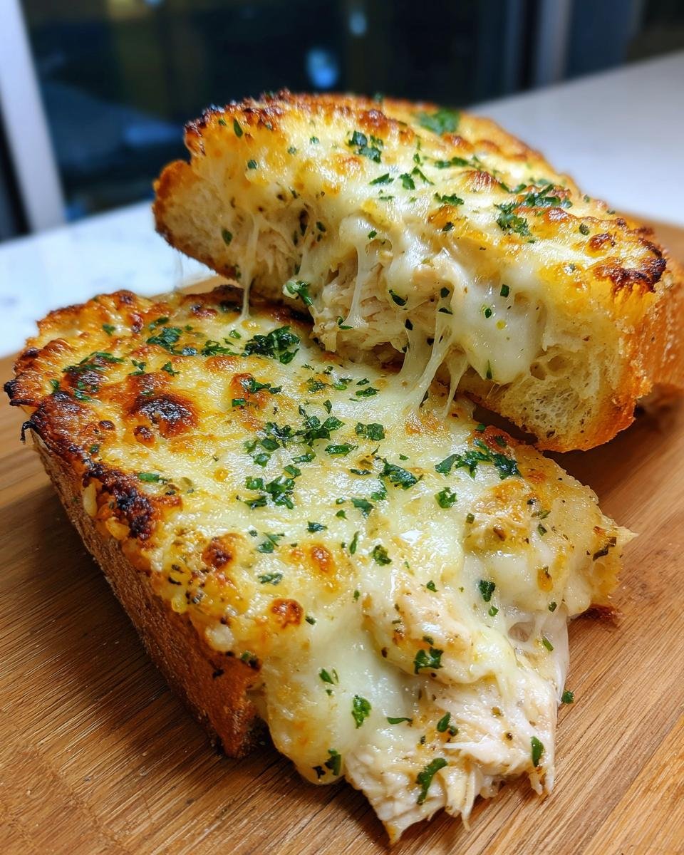 Close-up of an Irresistible Cheesy Chicken Garlic Bread Sandwich, with melted cheese stretching from the bread.