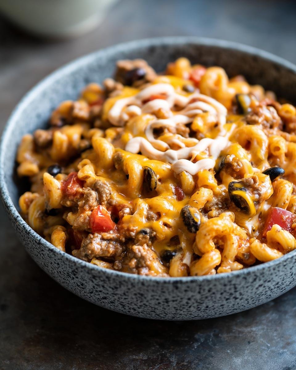 A bowl of Irresistible Cheesy Taco Pasta with ground beef, tomatoes, olives, and melted cheese, drizzled with sauce.