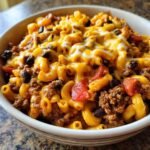 A close-up of Irresistible Cheesy Taco Pasta in a white bowl, loaded with ground beef, black beans, tomatoes, and melted cheese.