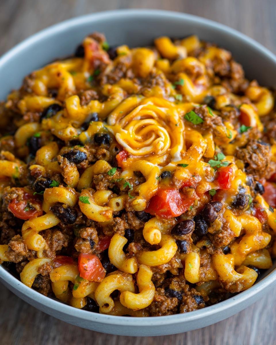 Close-up of Irresistible Cheesy Taco Pasta with ground beef, black beans, tomatoes, and melted cheese.