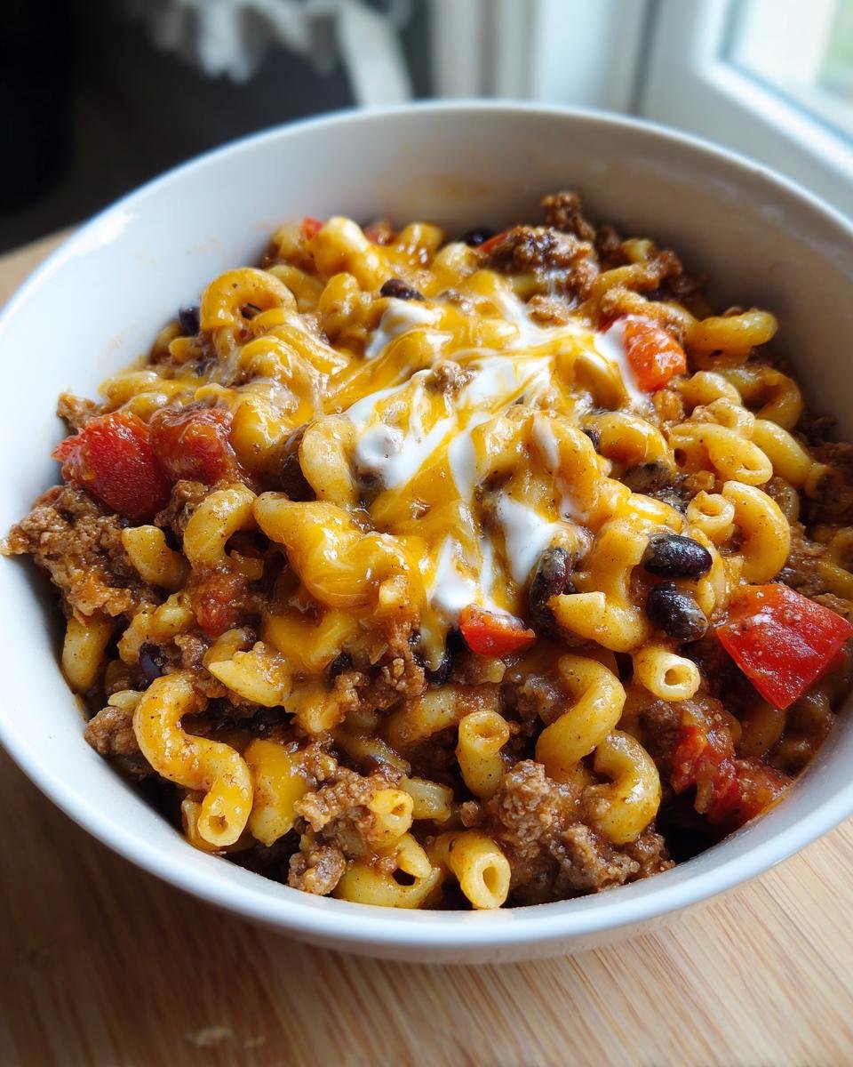 A close-up of a white bowl filled with Irresistible Cheesy Taco Pasta, topped with melted cheese and a dollop of sour cream.
