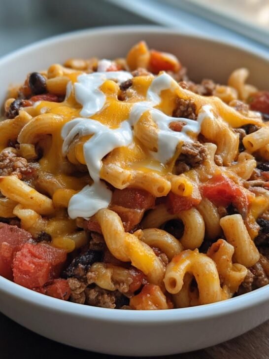 A close-up of Irresistible Cheesy Taco Pasta in a white bowl, topped with melted cheddar cheese and a dollop of sour cream.