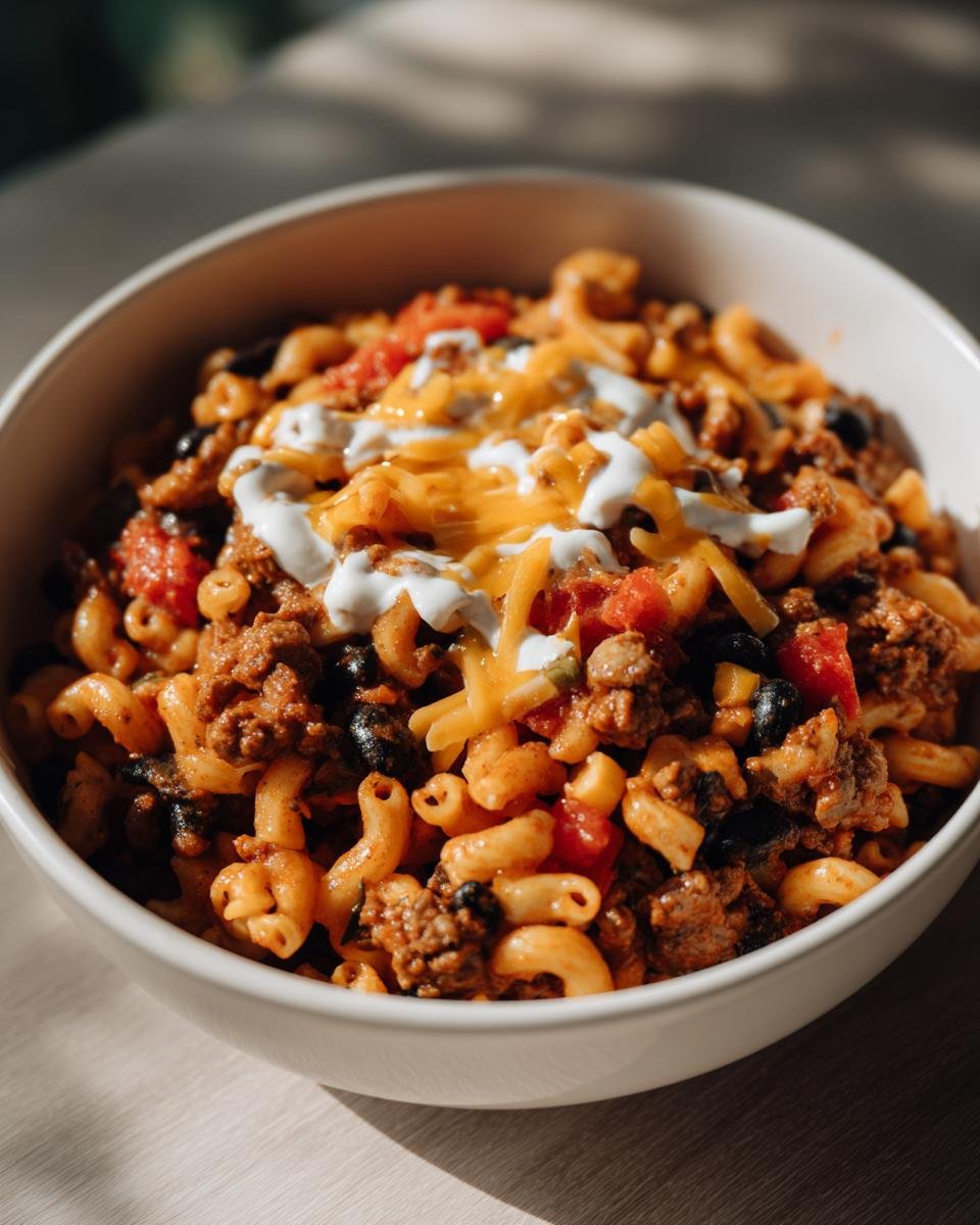 A bowl of Irresistible Cheesy Taco Pasta with ground beef, black beans, tomatoes, and topped with shredded cheese and sour cream.