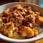 Close-up of irresistible chicken and bacon bites in a creamy sauce, a perfect dish for food lovers.