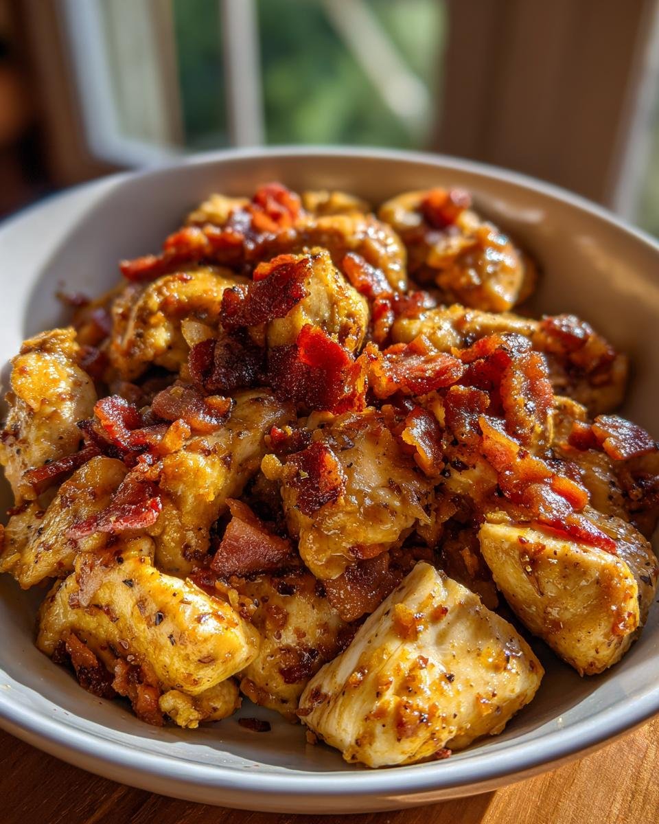 Close-up of irresistible chicken and bacon bites in a bowl, seasoned and topped with crispy bacon pieces.