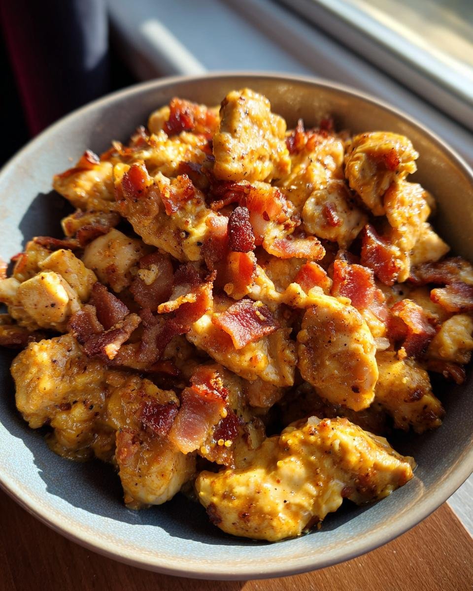 Close-up of a bowl filled with irresistible chicken and bacon bites, coated in a savory sauce.