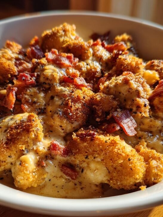 Close-up of irresistible chicken and bacon bites in a creamy sauce, a perfect dish for food lovers.