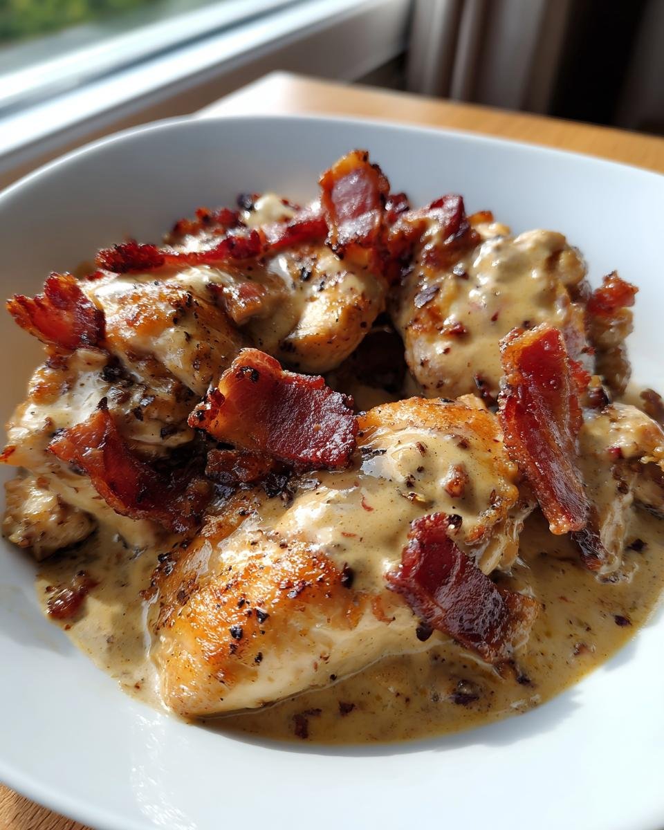 Close-up of Irresistible Chicken and Bacon recipe bites in a creamy sauce, topped with crispy bacon strips.