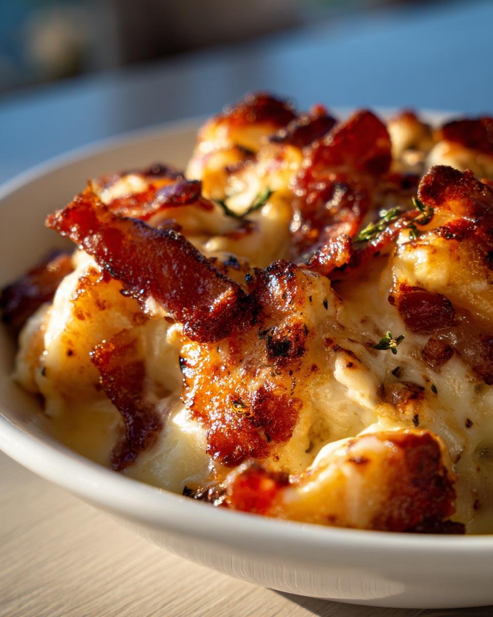 Close-up of a creamy dish topped with crispy bacon and chicken, part of irresistible chicken and bacon recipes.