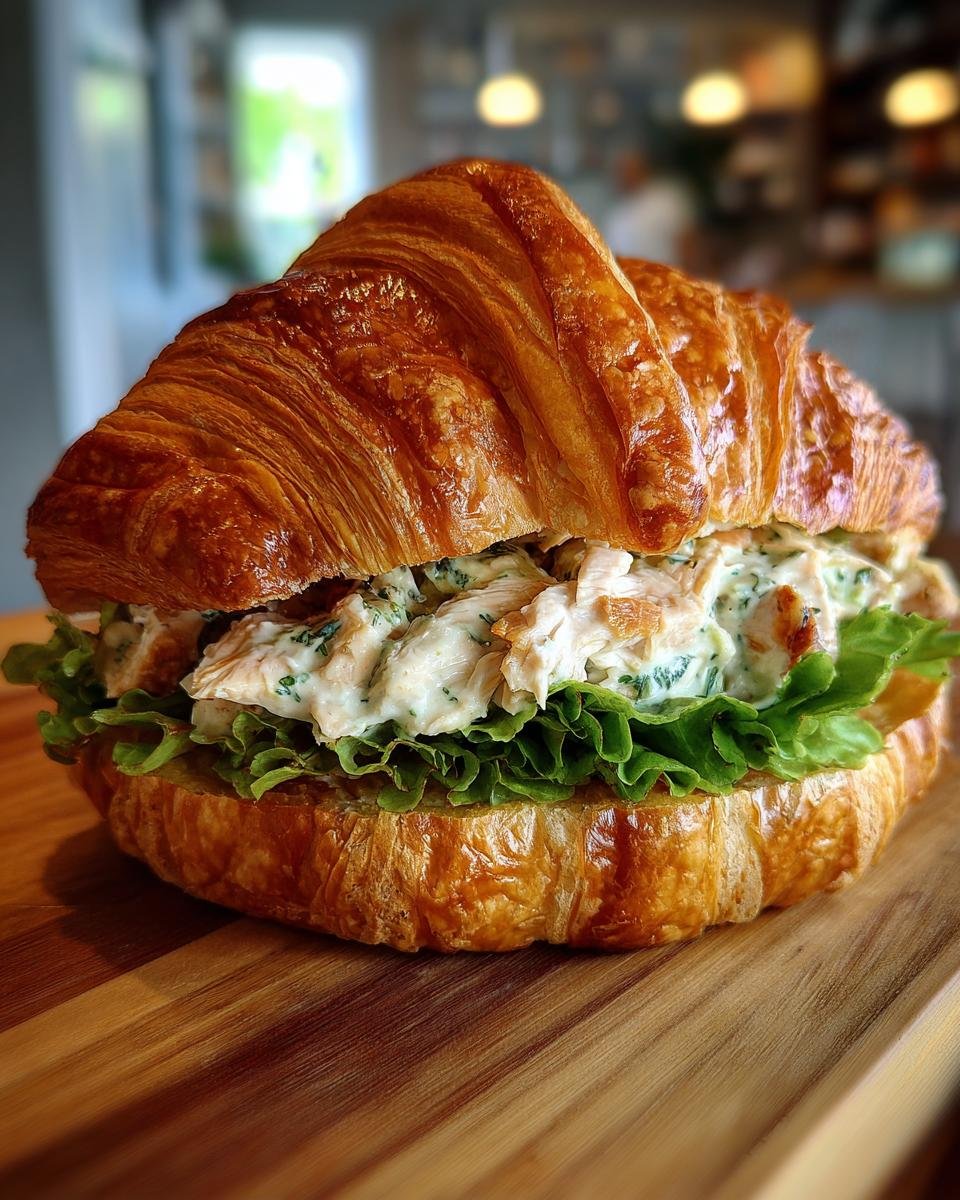 A close-up of an Irresistible Chicken Caesar Croissant Sandwich filled with chicken salad, lettuce, and creamy dressing.