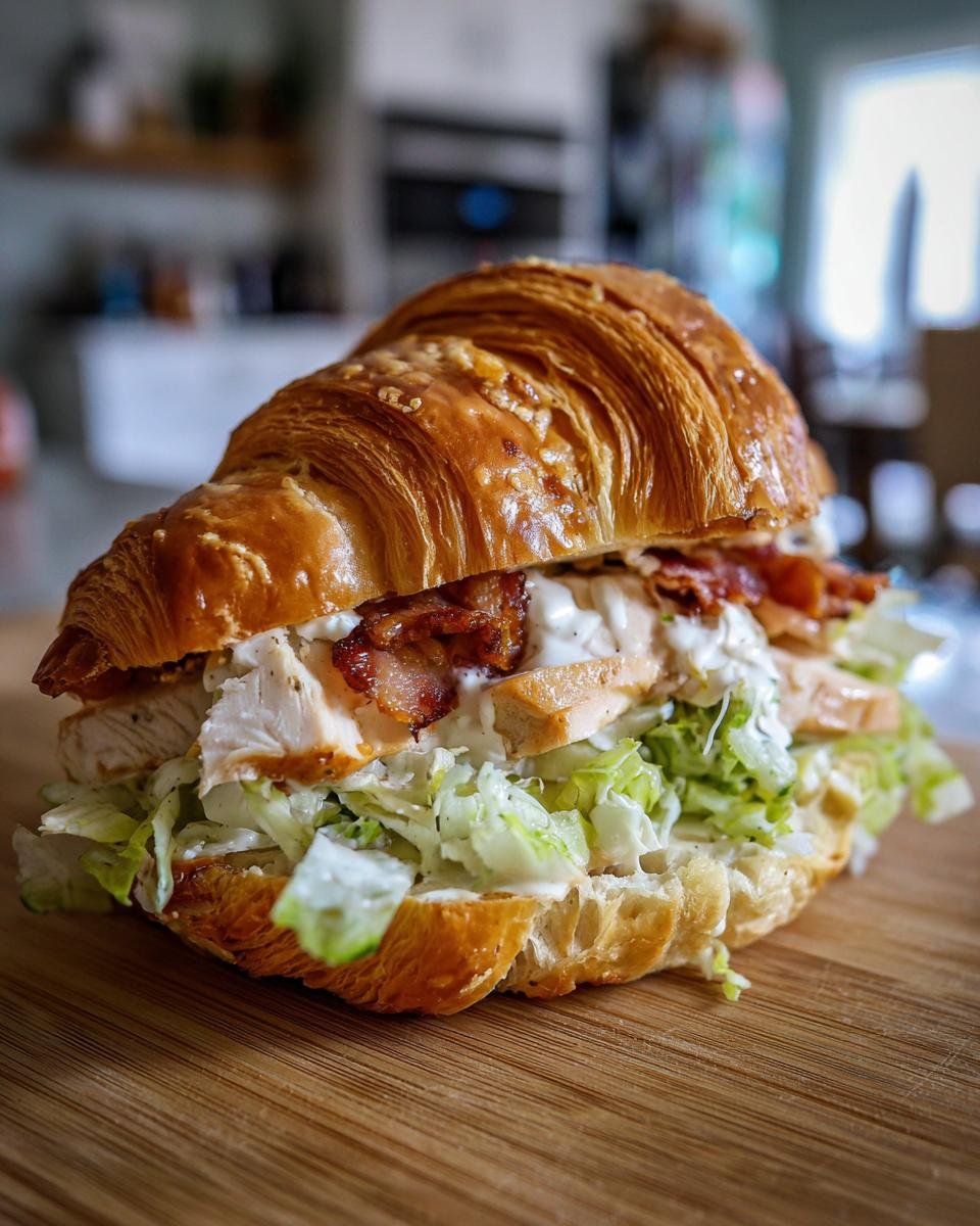 A close-up of an Irresistible Chicken Caesar Croissant Sandwich filled with chicken, bacon, lettuce, and Caesar dressing.