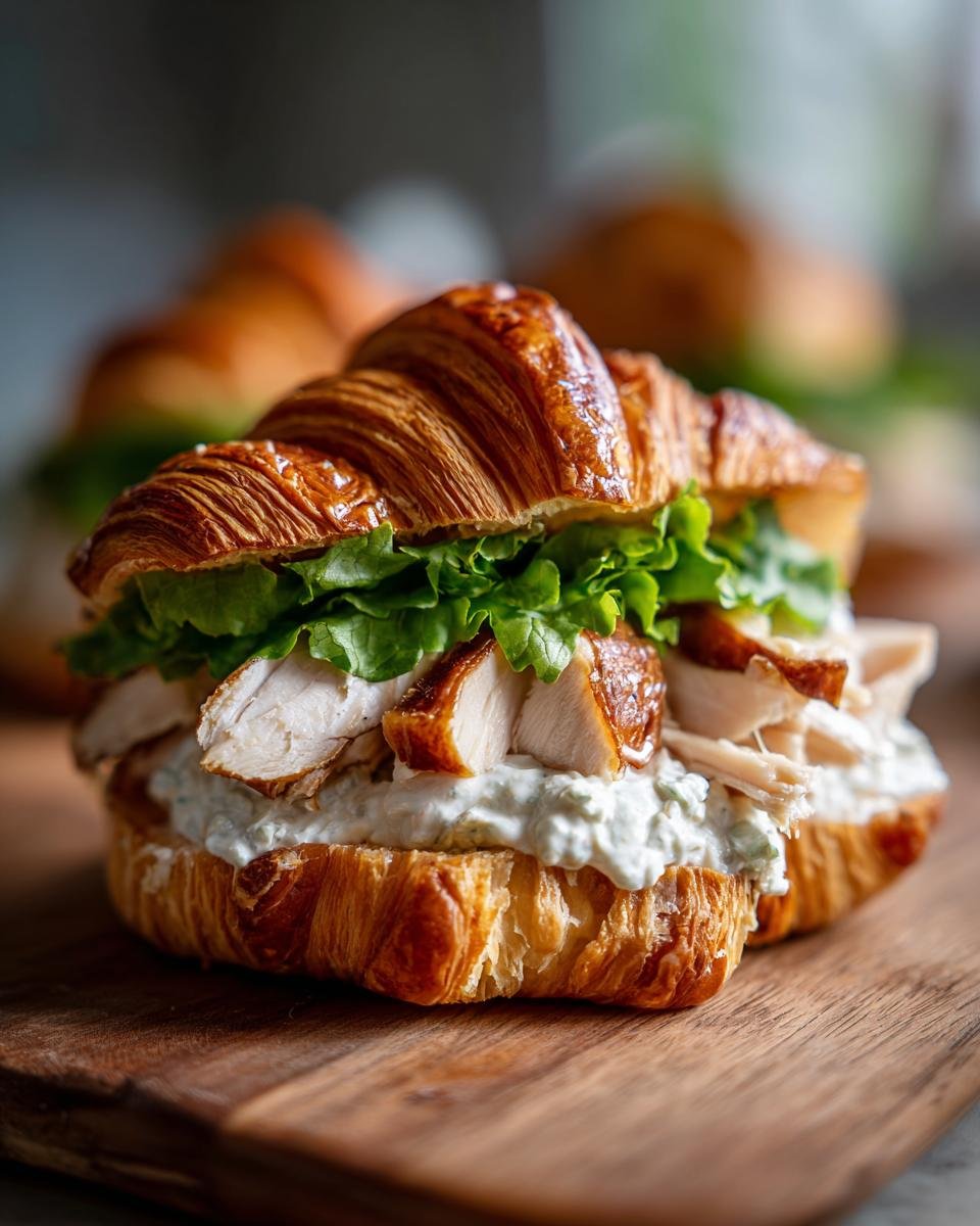 A close-up of an Irresistible Chicken Caesar Croissant Sandwich filled with chicken, lettuce, and creamy Caesar dressing.
