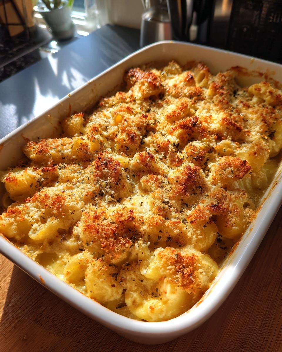A golden-brown baked casserole of Irresistible Chicken and Mac and Cheese, topped with crispy breadcrumbs.
