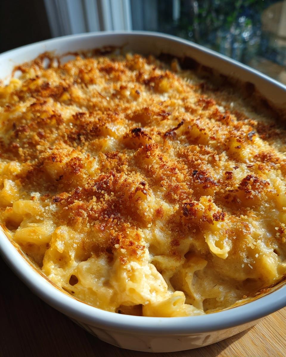 Close-up of a baked dish of Irresistible Chicken Mac and Cheese Delight with a golden breadcrumb topping.